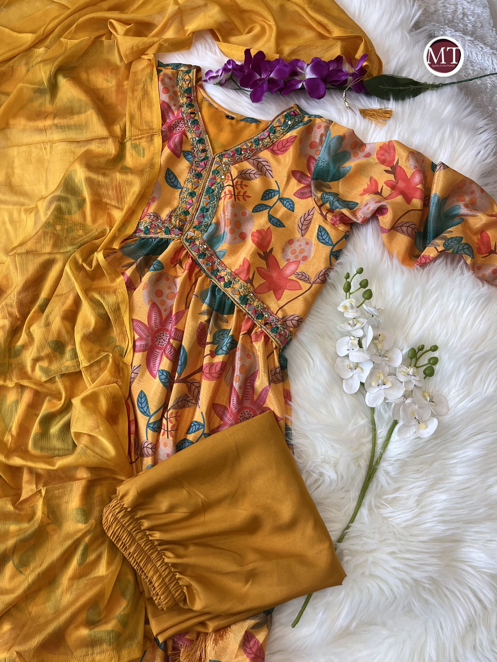 Mt Haldi Special Wedding Wear Chinon Kurti With Bottom Dupatta Wholesale Market In Surat